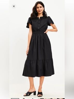 LOFT Black Midi Button-Front Smocked Waist Dress